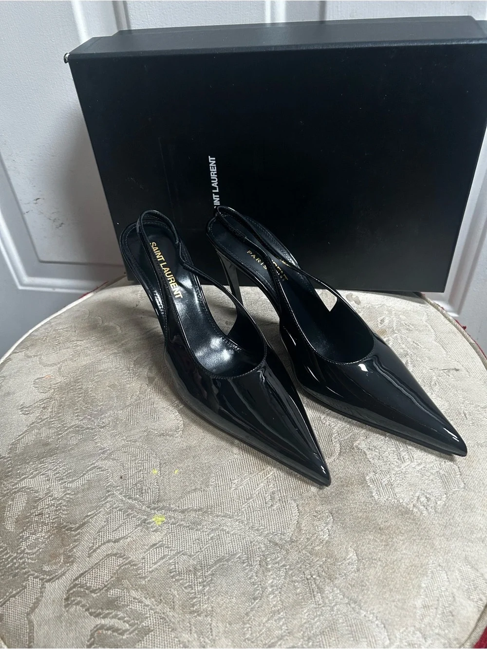 Saint Laurent Black Patent Pointed Slingback Pumps - Picture 4 of 11
